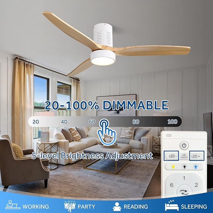 Sofucor Low Profile Ceiling Fan, Flush Mount Ceiling Fan with Lights and Remote Control, 52'' Wood Ceiling Fan with 3 Color Temperature & Adjustable Brightness, Burlywood