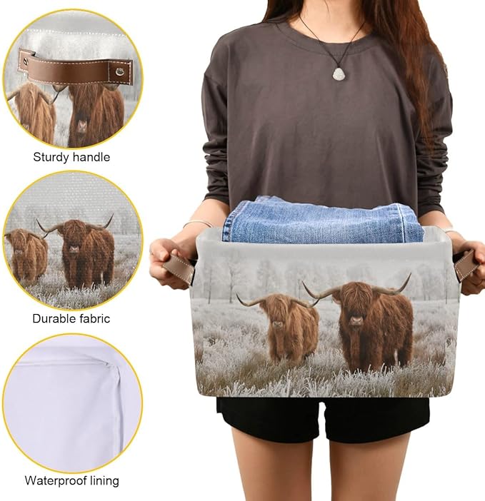 Scottish Highland Cow Storage Basket Fabric Storage Bin Baskets Bull Farmhouse Funny Animal Foldable Storage Boxes Bag for Baby Cloth Dog Toy Book Storage Cubes Shelf Closet Basket 16×12×8 Inches