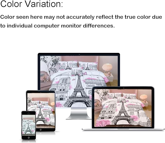 Bedbay Girls Teen Queen Bedding Set Paris Eiffel Tower Comforter Set 4 Pcs Pink Flowers Duvet Set Romantic French Style Quilt Bedding Set Lightweight Down Alternative Comforter(Paris,Queen)