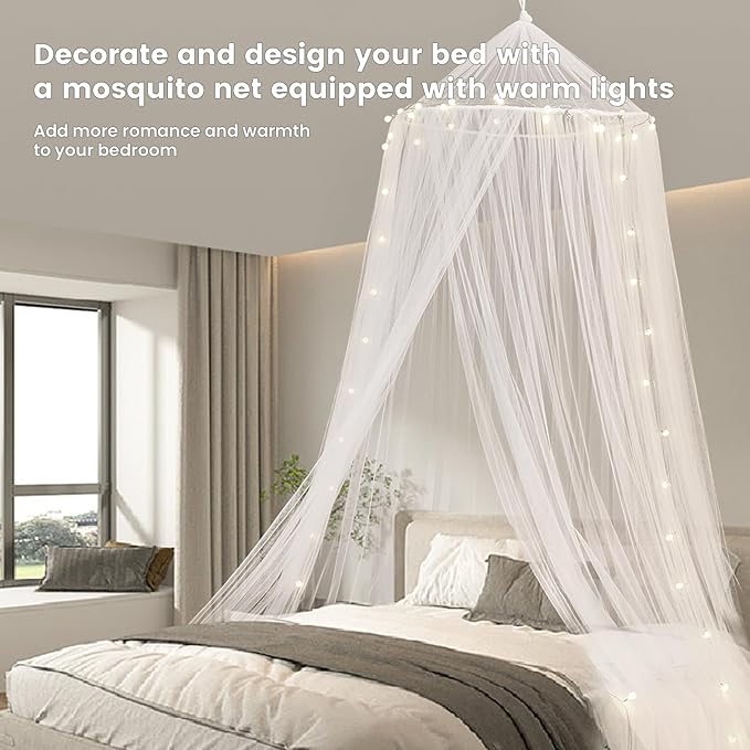 Mengersi Bed Canopy with Lights,Princess Bed Canopy Canopy Bed Curtains for Girls Room,Mosquito Netting Canopy Reading Corners Room Decor for Girls (White)