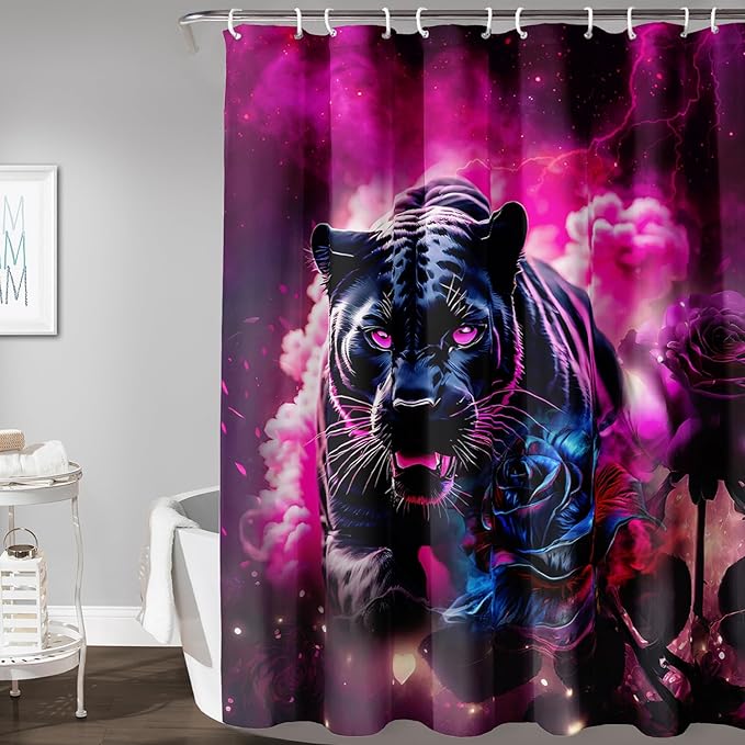 AILONEN 3D Black Panther Shower Curtain for Bathroom,Romantic Rose Smoky Leopard Printed Bath Curtain,Wildlife Cheetah Decoration Shower Curtain Waterproof 72" W*96" H