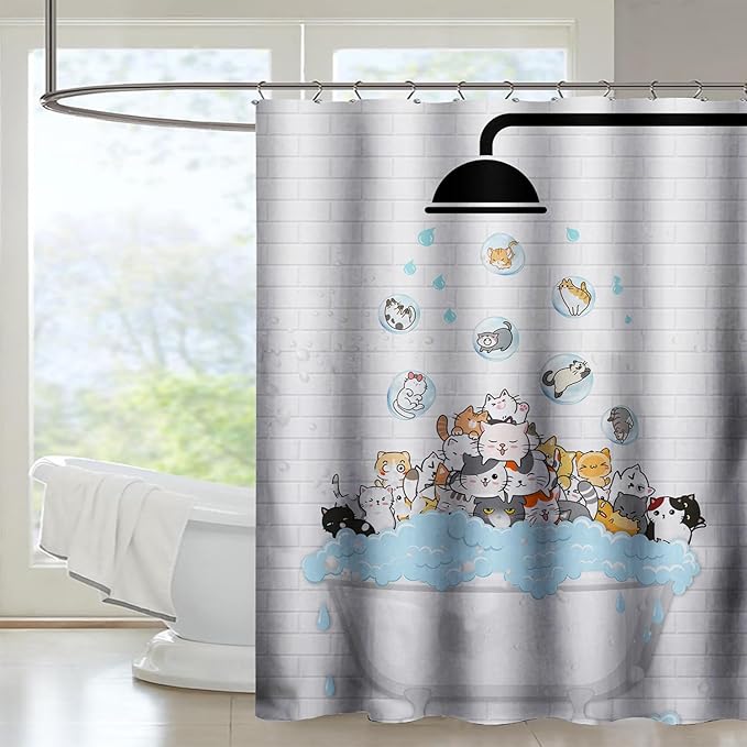 AILONEN Cute Cats Shower Curtain Raining for Kids 60" W*72" H Inch,Kawaii Hilarious Pet Playing Water Shower Curtain,12 Pack Hooks Polyester Waterproof Fabric Decor for Bathroom Bathtub Panels
