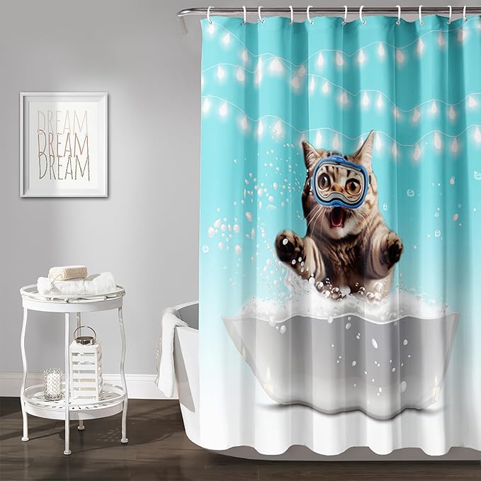 AILONEN 3D Bathtub Cat Shower Curtain for Kids 72" W*84" H Inch,Kawaii Diving Cat Leaps Out of Bathtub Shower Curtain,12 Pack Hooks Polyester Waterproof Fabric Decor for Bathroom Bathtub Panels