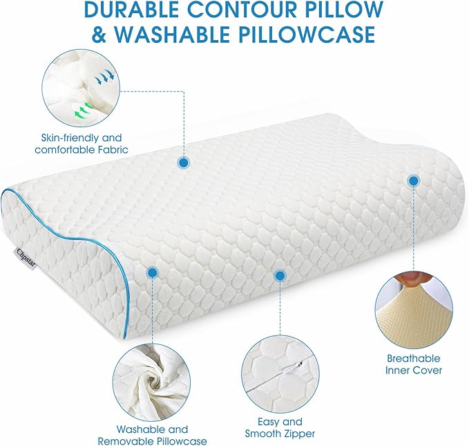 Memory Foam Pillow, Neck Bed Contour Pillow for Sleeping, Ergonomic Orthopedic Cervical Pillow for Side Back Stomach Sleeper, Queen,Firm,White