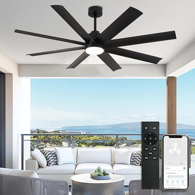 Depuley 60" Indoor or Covered Outdoor Ceiling Fans, Industrial DC Motor Ceiling Fan with LED Light for Living Room Basement Sunroom Porch Patio, 5-Speed Remote App Control, Black