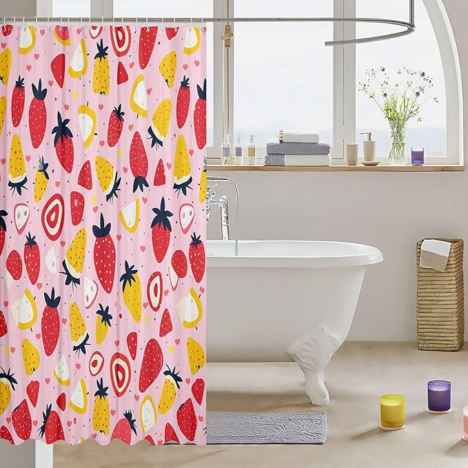Feelyou Strawberry Fabric Shower Curtain Colour Shower Curtain for Kids Boys Girls Tropical Fruit Print Bathroom Waterproof Accessories with 12 Hooks Fresh Pineapple Pattern Curtains,72x72 Inches