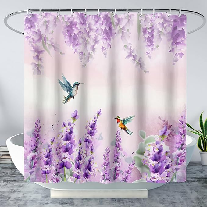 AILONEN Waterproof Floral Shower Curtain for Bathroom,Purple Pink Wisteria Lavender Flowers Shower Curtain,Botanical Floral Decor Bathroom Polyester with Grommets and Hooks 72" W*72" H