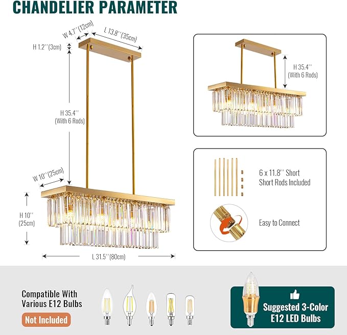 Siljoy 8-Light Modern Crystal Chandelier for Dining Room, Rectangular Gold 2-Tiers Crystal Raindrop Chandelier, Luxury Pendant Ceiling Light for Living Room Kitchen Island L31.5'' x W10'' x H10''