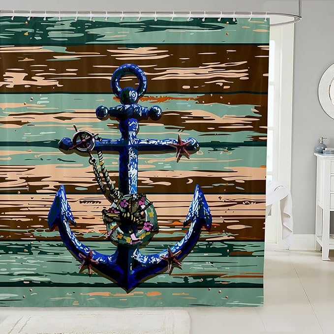 Feelyou Anchor Shower Curtain Wooden Rustic Fabric Shower Curtain for Kids Boys Girls Sea Adventure Bathroom Waterproof Accessories with 12 Hooks Ocean Theme Curtains,72x78 Inches