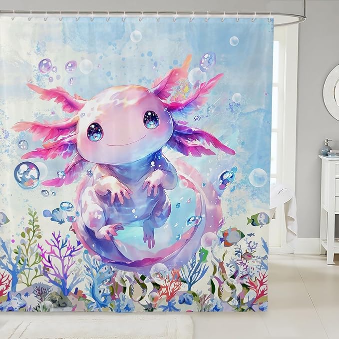 Feelyou Boys Girls Cute Axolotl Shower Curtain Ocean Sealife Bathroom Shower Curtain Set Kids Kawaii Bath Curtain Cartoon Salamander Teens Bathroom Accessories Room Decor 72"x84"