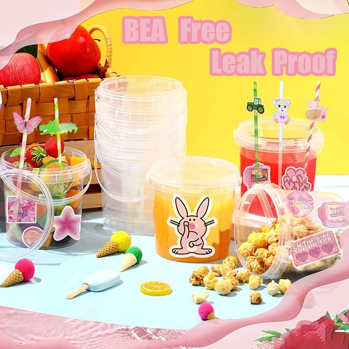 20 Pcs 34 oz Ice Cream Buckets with Lids and Handles Cocktail Rum Buckets for Drinks With 100 Pcs Pink Girl Stickers 20 Pcs Cute Straws Reusable Food Storage Containers for Party Summer Beach Supplies