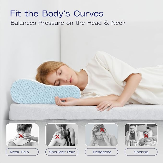 Memory Foam Contoured Pillow - 2 Hieghts Orthopedic Pillows for Neck Pain Relief- Soft Memory Foam Pillow for Sleeping- Ergonomic Pillows for Side, Back, Stomach Sleepers (Blue White)