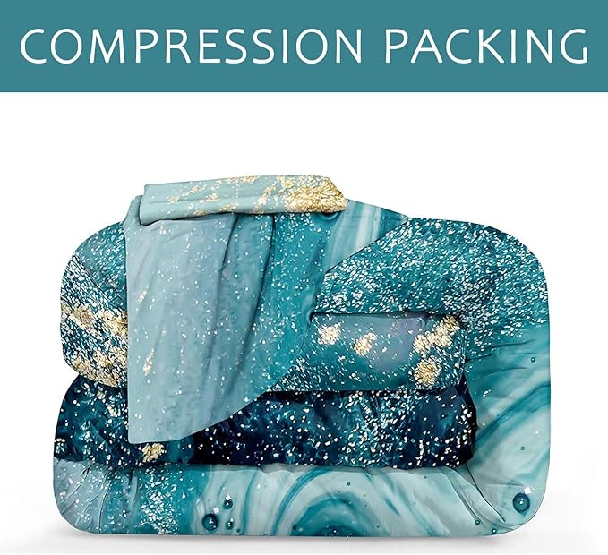 Bedbay Blue and Gold Marble Bedding Comforter Set Queen Size Teal Bedding Boys Girls Queen Duvet Set 4 Pcs Modern Marble Texture Quilt Set Bedroom Guest Room Decor Soft and Lightweight(Blue,Queen)