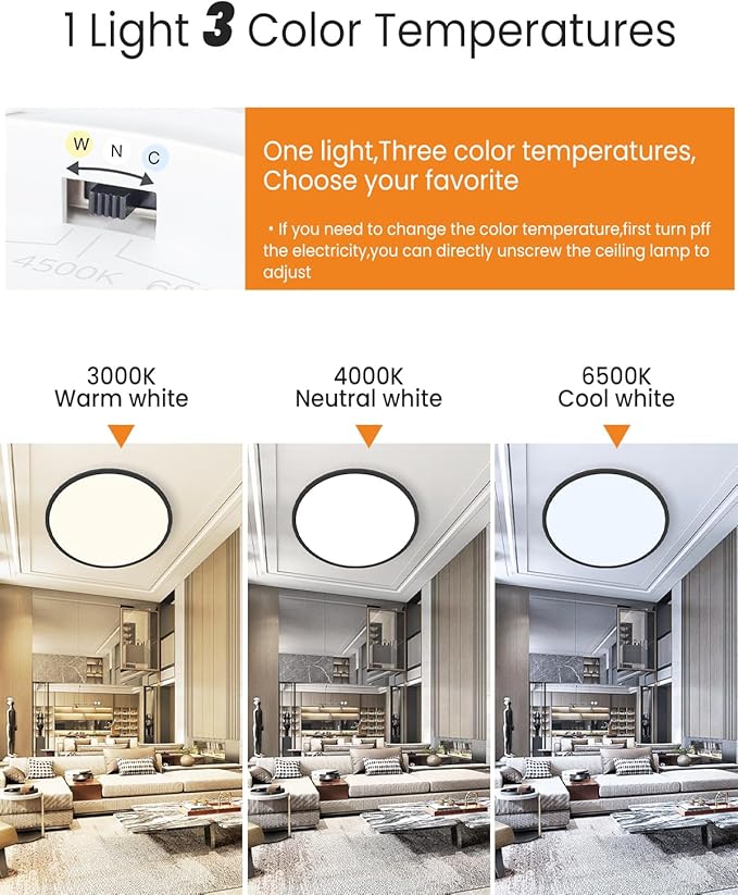 slochi 15.4 Inch 2 Pack Flush Mount LED Ceiling Light Black, 36W Ultra Thin LED Ceiling Light, 3000K/4000K/6500K 3 Color Temperature Low Profile Ceiling Light Fixtures for Kitchen Living Room Bedroom