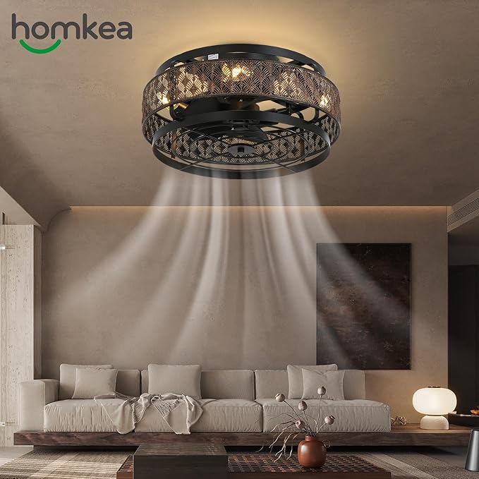 Low Profile Caged Ceiling Fan With Light&Remote, 17" Flush Mount Farmhouse Ceiling Fan, Enclosed Rustic Ceiling Fan with Reversible Motor, Black and Gold Industrial Ceiling Fixture for Bedroom/Kitchen