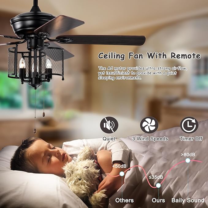 NicBex Ceiling Fan 52 Inch Ceiling Fan with Lights Vintage Ceiling Fans with 5 Blades Ceiling Fan with Lamp Shade and Hand Pull Chain for Bedroom, Living Room, Matte Black
