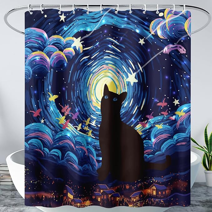 AILONEN Cartoon Black Cat Shower Curtain Set,Starry Night Bath Curtain for Kids Girls Boys,Country Style Shower Curtain,Cat Lovers Animal Shower Curtains for Bathroom Decor, 36" W*72" H