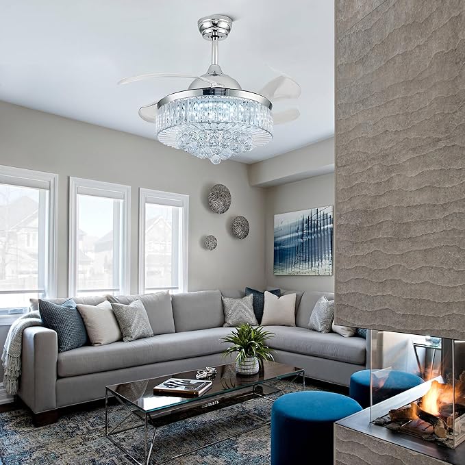 42'' Crystal Chandelier Fan Fandelier Retractable Ceiling Fans with Light and Remote, Invisible Fandelier Ceiling Fan with Light for Bedroom (Crystal-Silver)