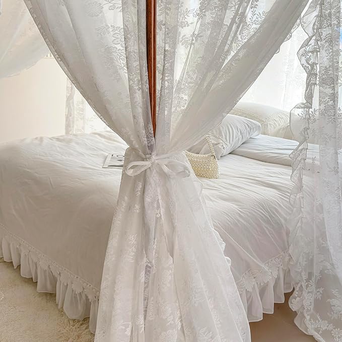 Mengersi Canopy Bed Curtains with Tie Backs,Bed Canopy Curtains Bed Drapes Sheer Curtains for Bedroom Decor（Queen,White