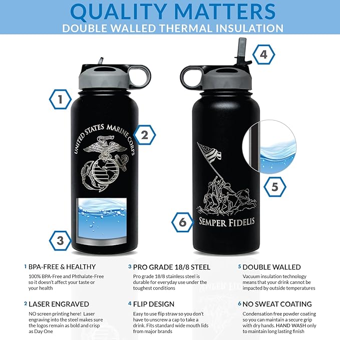 32oz USMC Stainless Steel Water Bottle with Engraved EGA Logo - Marine Corps Pride on the Go - USMC Gift | Disabled USMC Vet Owned SMALL Business