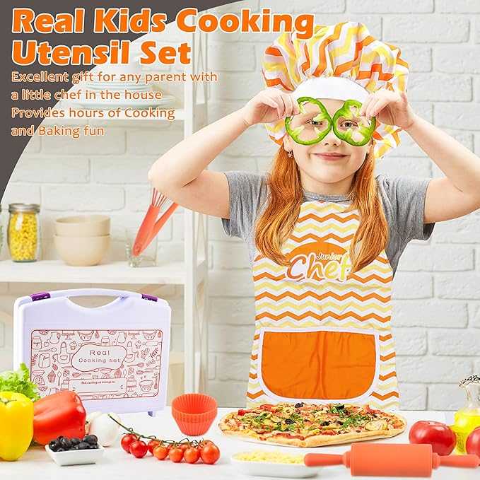 45 Pcs Kids Cooking & Baking Set with Storage Box Real Kids Cooking Utensil Set for Kids Baking Gift for Girls and Boys