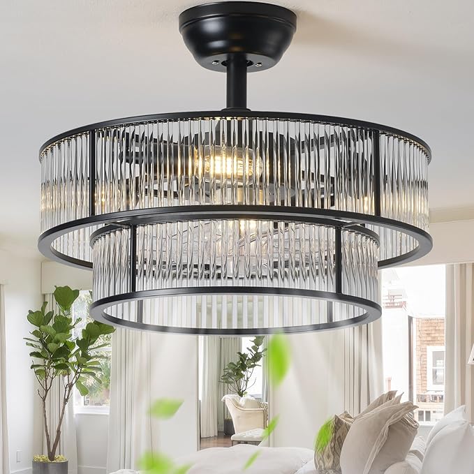 20" Black Crystal fandelier Ceiling Fan with Lights,Black Caged Chandelier Ceiling Fan with Light Remote Control,Enclosed Mid Century with 6 Speeds for Bedroom,Living Room,Nursery