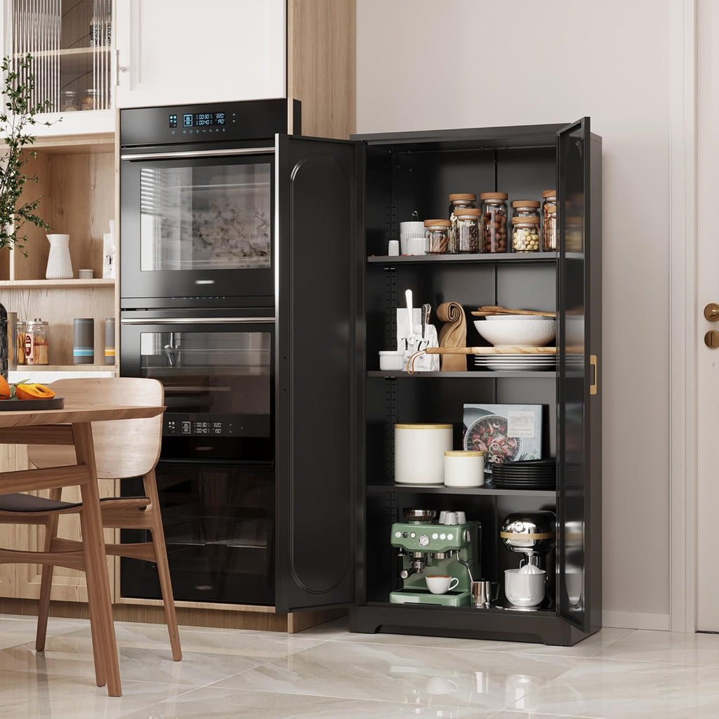 Metal Kitchen Storage Cabinets,60”Pantry Cabinet with Doors and 4 Adjustable Shelves,Tall Black Cabinet for Pantry, Laundry Room,Living Room,Dinning Room
