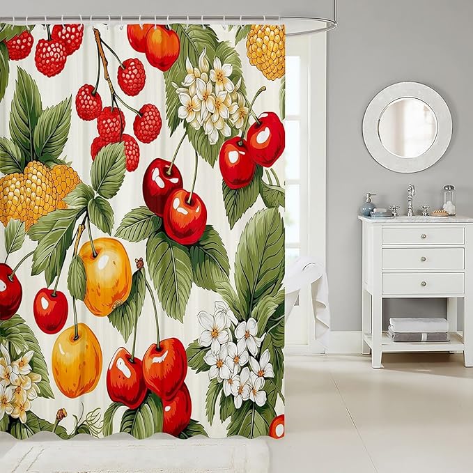 Feelyou Cherry Orange Shower Curtain Fruit Fabric Shower Curtain for Kids Boys Girls Summer Theme Bathroom Waterproof Accessories with 12 Hooks Bright Colorful Curtains,72x84 Inches