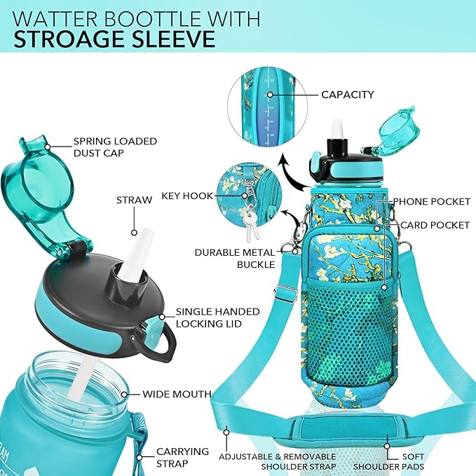 32 oz Water Bottles with Straw & Strap, Motivational Water Bottles with Times to Drink, BPA Free Reusable Sports Water Bottle with Sleeve Carrier for Hiking, Travel, Running or Fitness