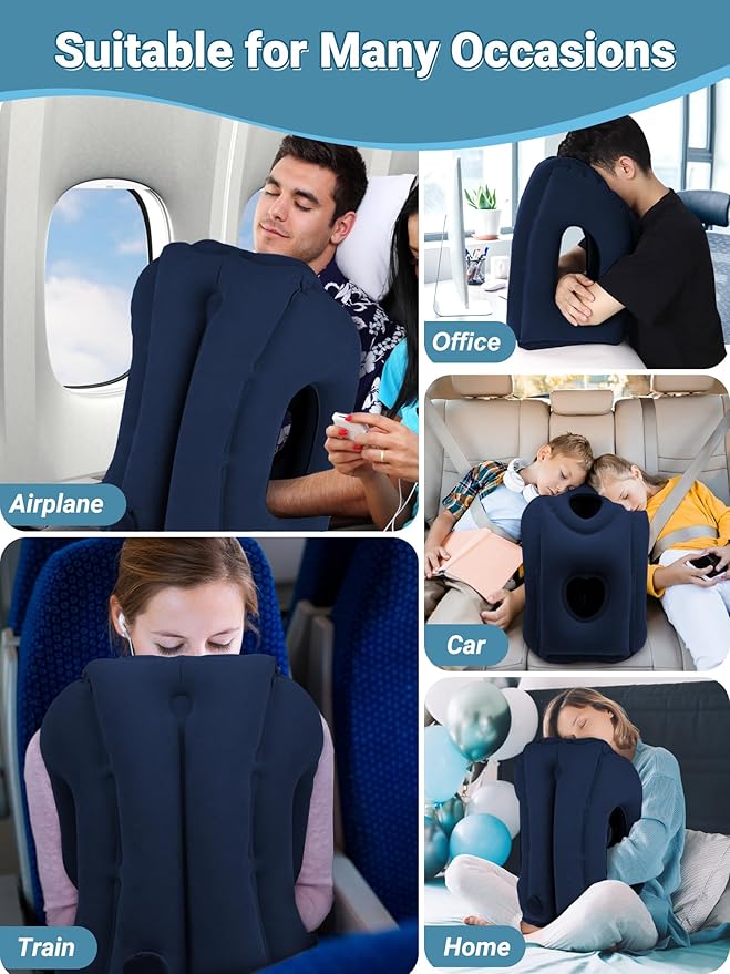 Maliton Inflatable Travel Pillow for Airplane Comfortable Sleeping to Relieve Neck and Shoulder Pain, Support Head Inflatable Pillow for Long Flights, Used for Airplanes, Cars, Trains, Office(Blue)