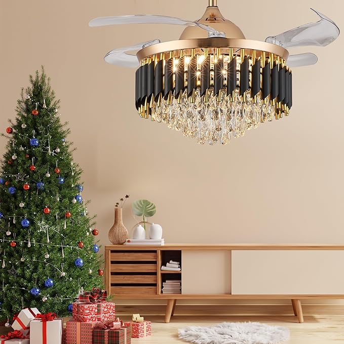 52" Gold Chandelier Ceiling Fans with Lights Crystal Ceiling Fan Chandelier Ceiling Fan with Lights Retractable Blade Fandelier Bladeless Ceiling Fans for Dinning Room Living Room Kitchen Foyer
