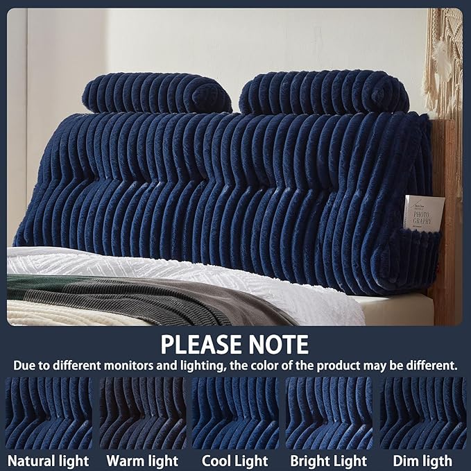 Faux Fur Headboard Pillow with 2 Pack Neck Roll Pillow Large Headboard Pillow Soft and Supportive with Removable Cover (Blue, King)