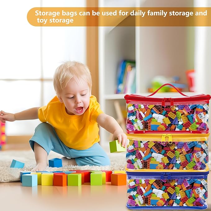 3 Packs Clear Toy Storage Bags- 9.4 x 6.7 x 4.3 Inch Transparent PVC Toy Organizing Bags with Zipper- Waterproof Toy Storage Organizer Pouch for Building Blocks, Small Toys (Red, Blue, Yellow)