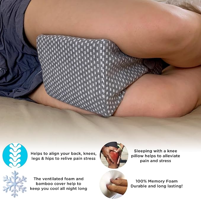 Sacred Thread Memory Foam Knee Pillow for Side Sleepers, for Knee, Hip, and Back Pain, Cooling Rayon Made from Bamboo Cover, Pillow for Between Legs (Grey Bone)