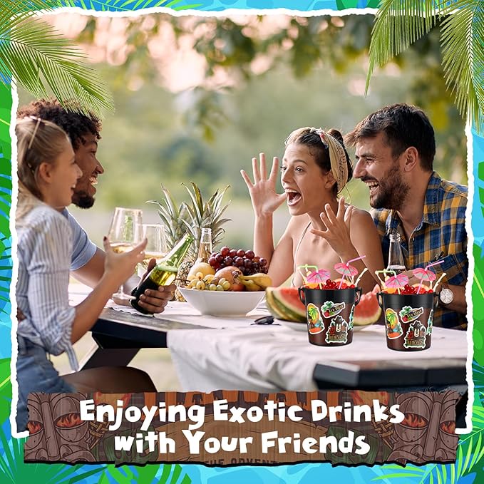 12 Pcs 32 oz Plastic Tiki Cocktail Rum Buckets for Drinks Beverage Tub Beer Bucket Drink Tubs for Luau Parties Ice Buckets with 100 Pcs Color Mixed Straws and 200 Pcs Hawaii Doodle Stickers