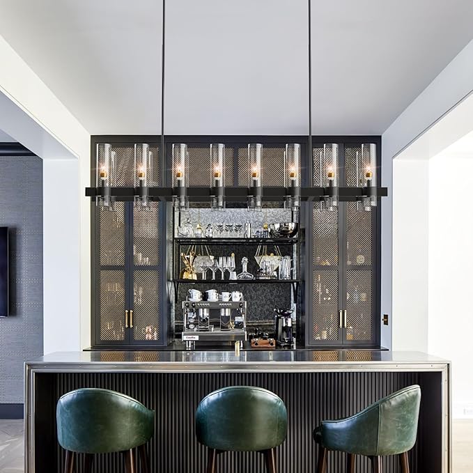 Black Kitchen Island Lighting- 16-Light Linear Chandelier, Adjustable 54'' Modern Farmhouse Rectangle Pendant Light Fixtures, Dining Room, Bedroom