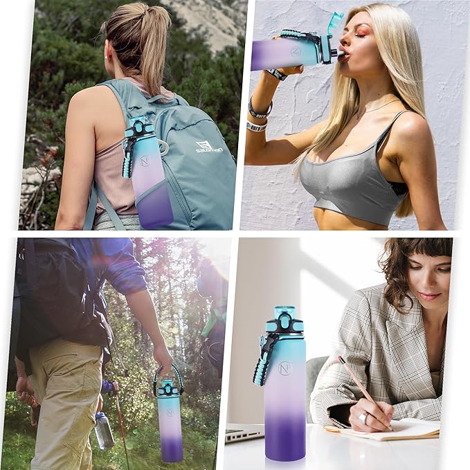 32 oz Insulated Water Bottle With Detachable Straw & Paracord Handle, Stainless Steel Thermos Water Bottle with Leakproof Lockable Lid, BPA-Free Sports Bottle (Green Pink Purple Gradient)