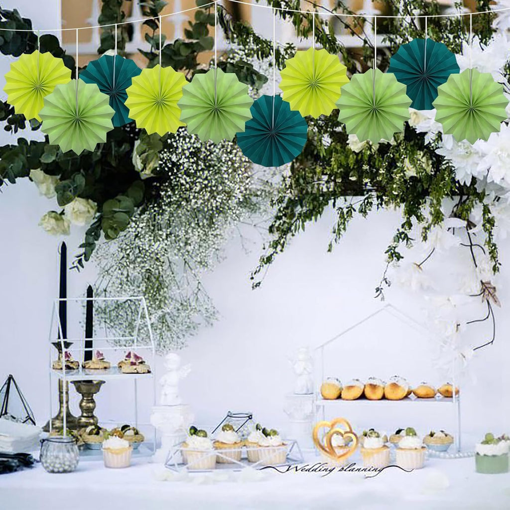 BARTHEW Green Hanging Paper Fans, 8in, 30 Pack, DIY Set, Minimalist Modern Style, Green, Military Theme, Birthday Occasion