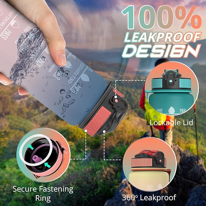 32 oz Water Bottle with Time Marker Leak-Proof & BPA Free Reusable Gym Water Bottle Easy to Carry Motivational Water Bottle for Fitness, Sports, Outdoor, Cycling, School & Office (Black & Red)