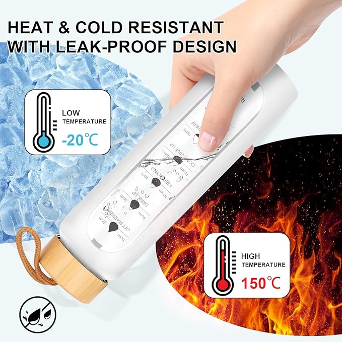 32 Oz Borosilicate Glass Water Bottle with Times to Drink | BPA Free - Reusable Wide Mouth Glass Motivational Water Bottles with Infuser & Silicone Sleeve (white)