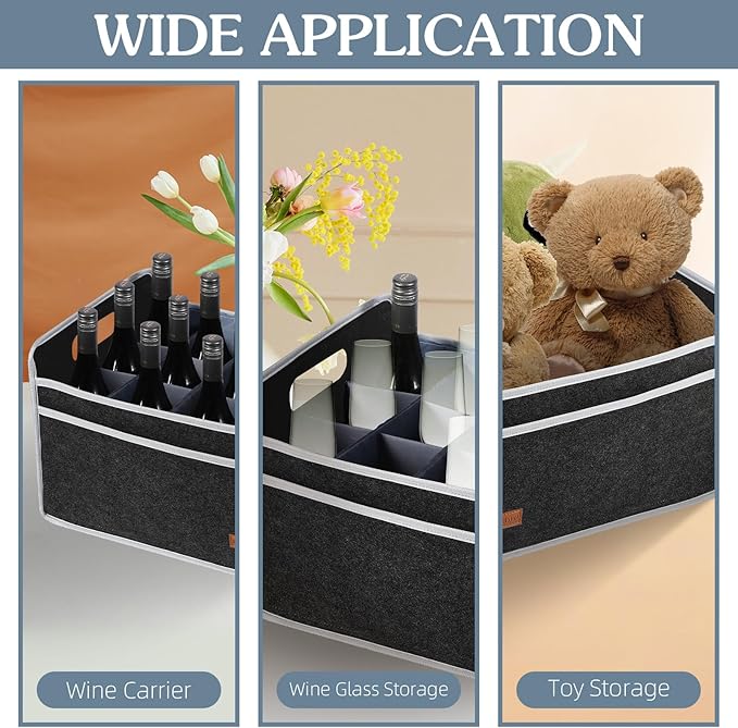 12 Bottle Wine Carrier, Thicken Felt Wine Carry Case Collapsible Wine Bottle Storage Box Liquor Bottle Tote with Handles for Travel, Party, Picnic (Dark Gray)