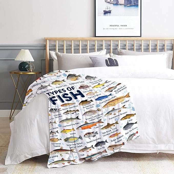 Fish Throw Blanket,Types of Fish Blanket Fish Blanket Gifts,Ultra Soft Lightweight Flannel Blankets Warm Fuzzy Cozy Plush Blankets for Couch Sofa Bed Living Room,Teens Size-50"x60"