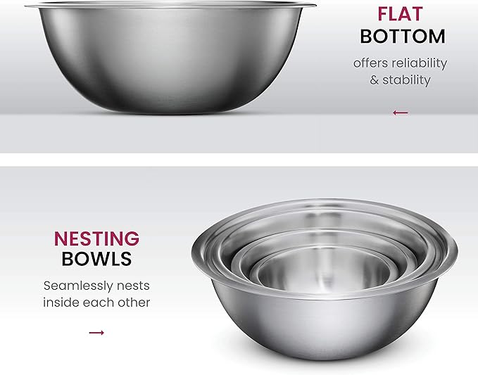 FineDine Stainless Steel Mixing Bowls Set for Kitchen, Dishwasher Safe Nesting Bowls for Cooking, Baking, Meal Prepping