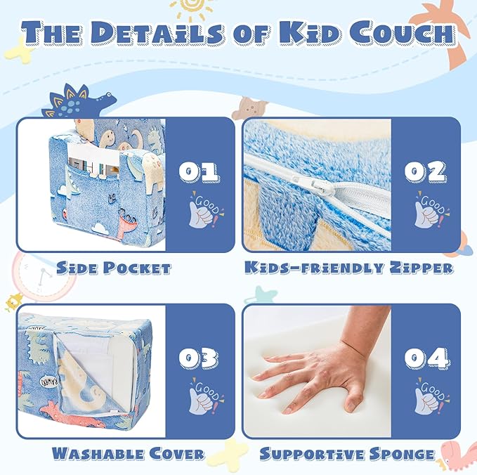 2-in-1 Toddler Chairs Comfy, Toddler Couches That Fold Out,Glow in The Dark, Extra Wide Kids Chairs for Toddler, Baby Couch for 1-3 Year Old Gifts for Girls & Boys, Blue