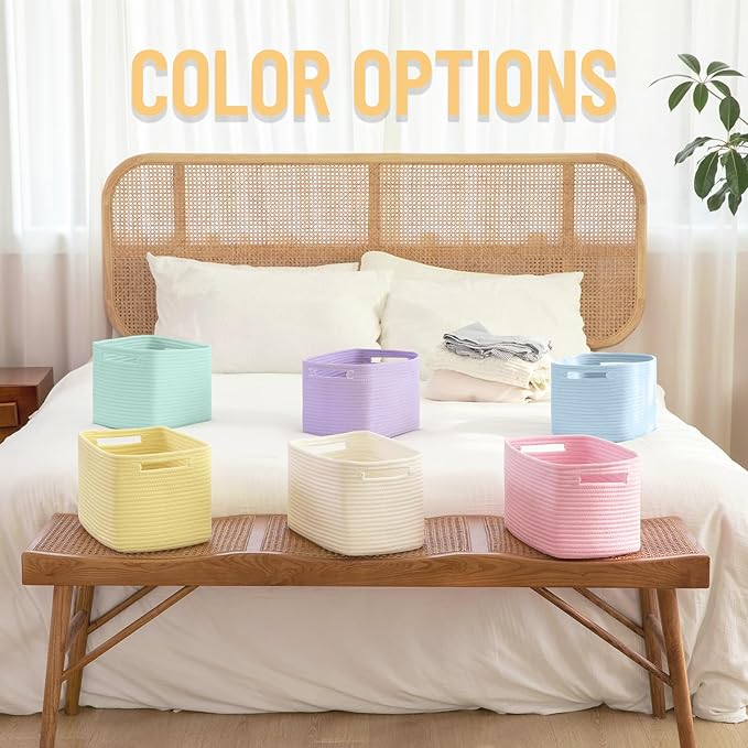 4 Pack Storage Baskets for Organizing Toys, Towels, and Clothes, Woven Basket for Shelves, Sturdy Nursery Cube Bins for Storage, 13''L x9''W x7.8''H, Purple