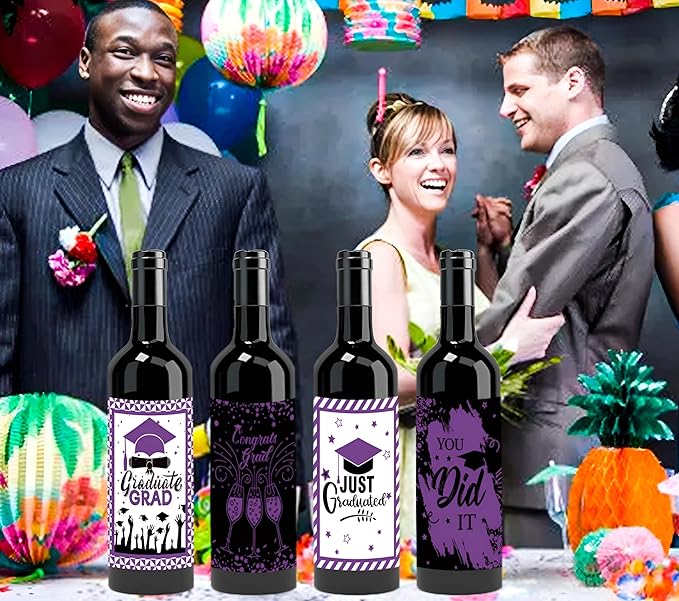 24Pcs Graduation Gift Wine Labels Congrats Grad Wine Bottle Stickers Graduation Party Waterproof Wine Bottle Decoration Cover for College Congrats Graduation Party Decorations, 4 Design