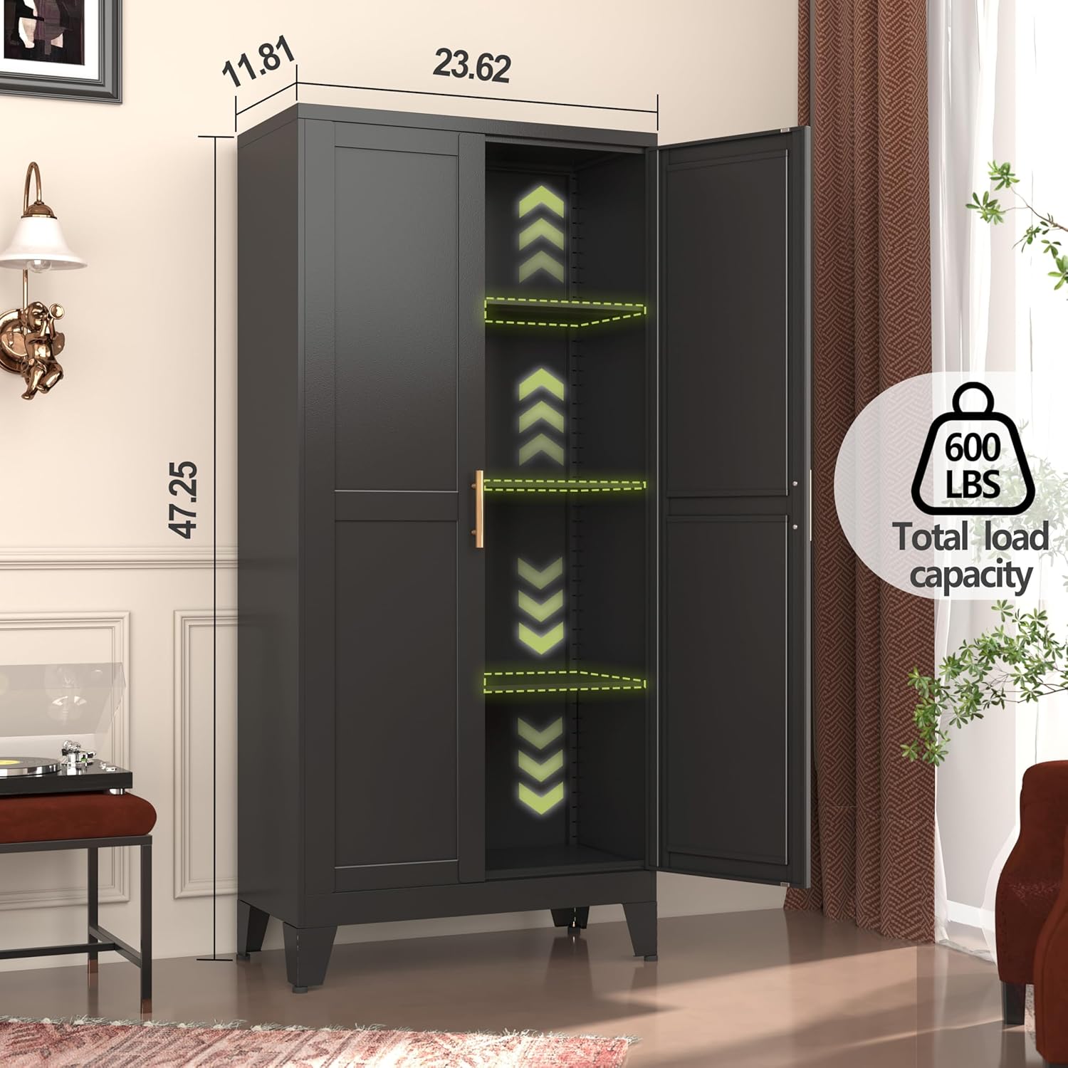 Metal Storage Cabinet With 2 Doors and 3 Adjustable Shelves, Black Kitchen Pantry for Food, Utility Cabinet for Laundry Room, Cupboard