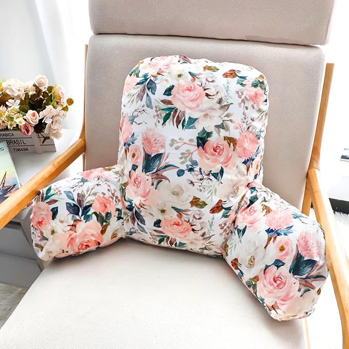 DILIMI Kid Reading Pillow, Back Support Pillow for Sitting in Bed, Soft Plush Bed Chair Sofa Pillow with Arms, Comfortable Rest Pillow for Kids & Teens, Pink Floral