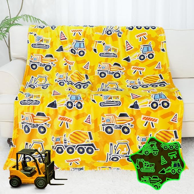 Boys Blanket Glow in The Dark Truck Blanket for Kids Toddler Construction Excavator Gifts Toys Cute Kids Tractor Blanket Kids Gifts