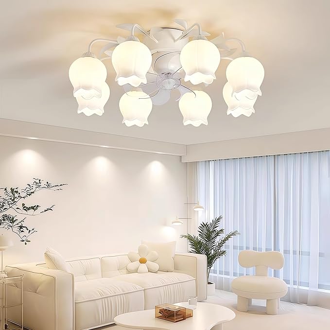 Flower Ceiling Fan with Light: White Flower Fan Lights for Girls Bedroom - Flush Mount Fandelier for Living Room - 8-Light Modern Chandelier with Fan for Home Decor Enthusiasts